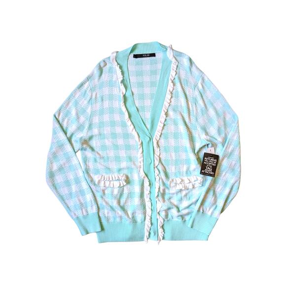NEW Sibling London Sky Blue Ruffle Trim Checked Knitted Cardigan Sweater Large - Picture 5 of 10
